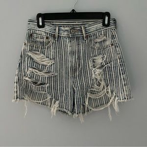 American Eagle Shorts Womens 2 Blue White Stripes 90s Boyfriend Denim Distressed